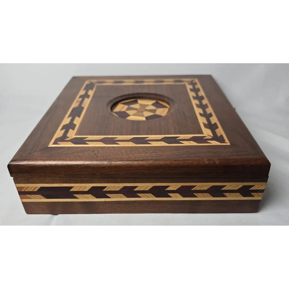 Vintage Wood Marquetry Wood Inlaid Box Jewlery Sewing Art Deco Trinket Storage